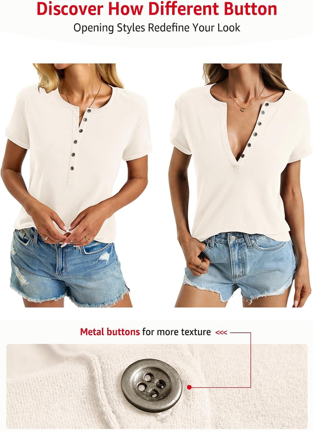 image:imageWomens Cotton Deep V Neck Tops Low Cut Short Sleeve Henley Shirts Sexy Fitted Tees Summer Fashion Clothes 2025Beige