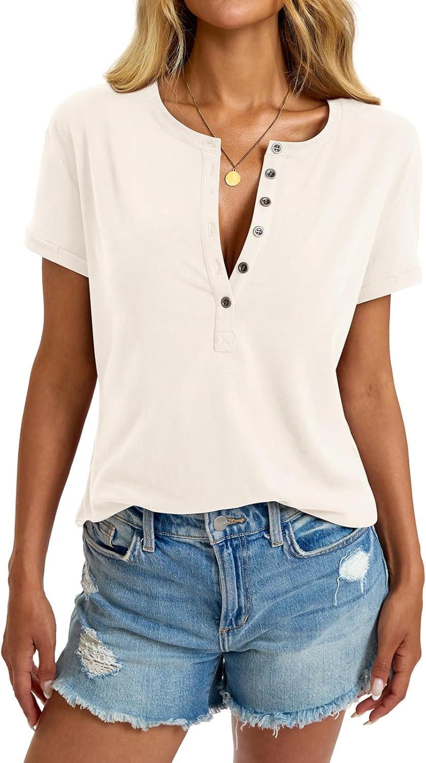 image:imageWomens Cotton Deep V Neck Tops Low Cut Short Sleeve Henley Shirts Sexy Fitted Tees Summer Fashion Clothes 2025Beige
