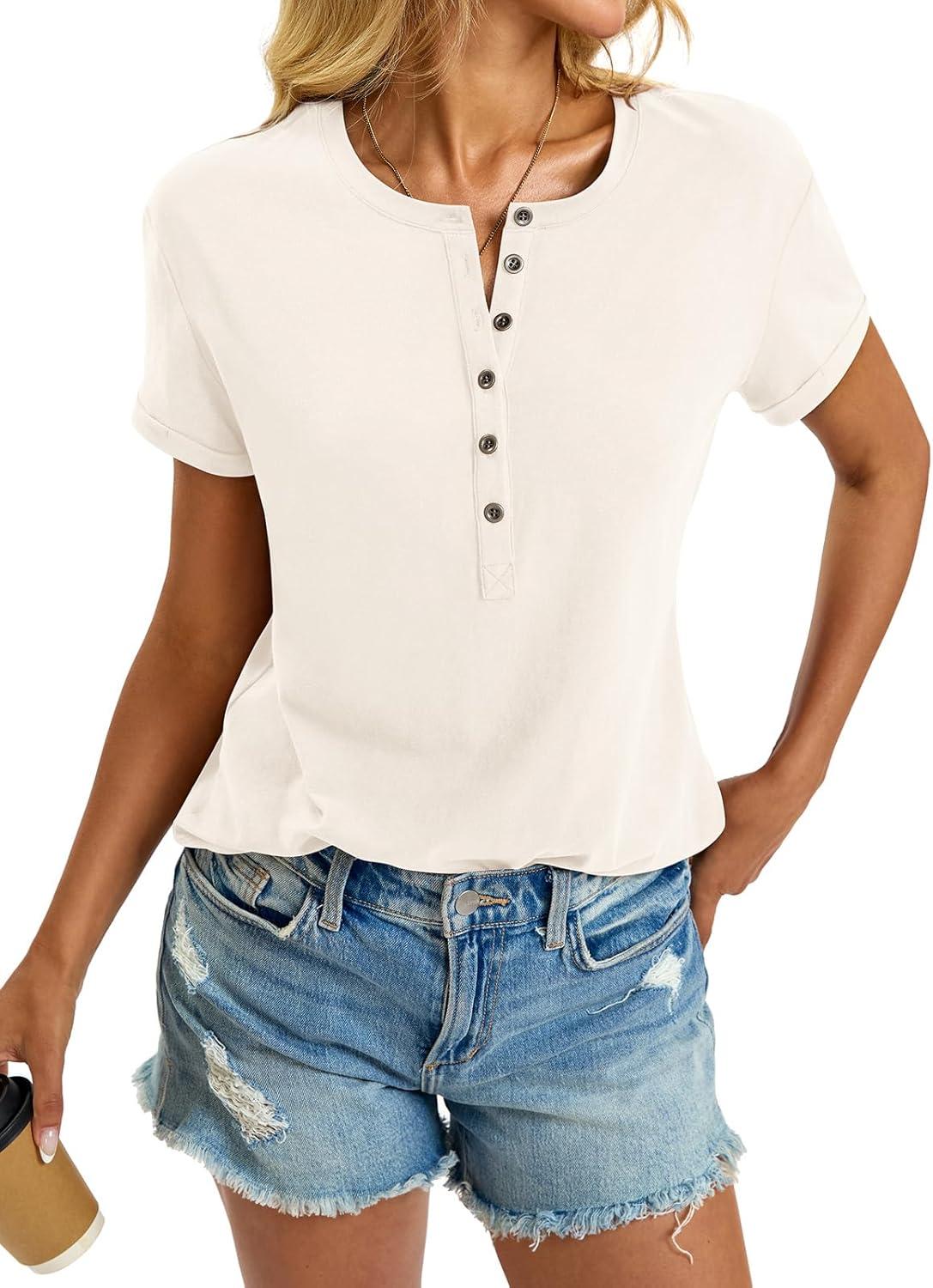 image:imageWomens Cotton Deep V Neck Tops Low Cut Short Sleeve Henley Shirts Sexy Fitted Tees Summer Fashion Clothes 2025Beige