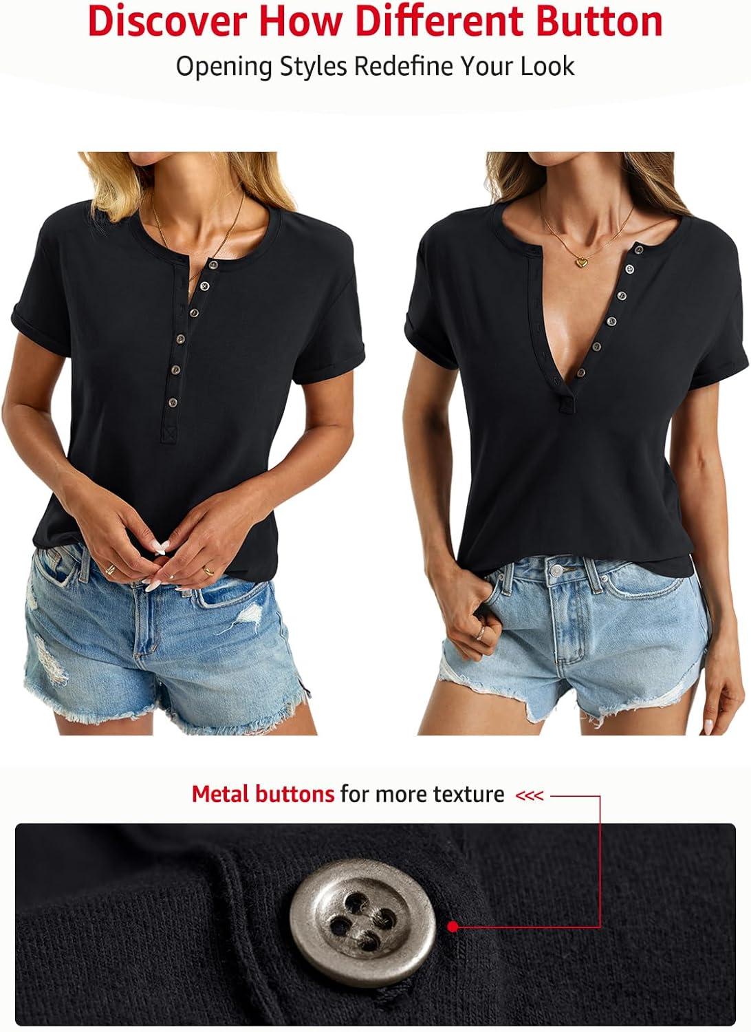 image:imageWomens Cotton Deep V Neck Tops Low Cut Short Sleeve Henley Shirts Sexy Fitted Tees Summer Fashion Clothes 2025Black
