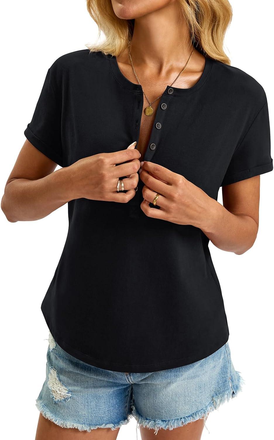 image:imageWomens Cotton Deep V Neck Tops Low Cut Short Sleeve Henley Shirts Sexy Fitted Tees Summer Fashion Clothes 2025Black