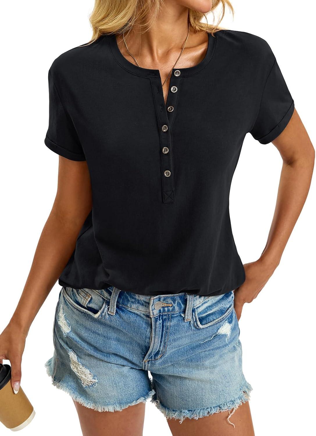 image:imageWomens Cotton Deep V Neck Tops Low Cut Short Sleeve Henley Shirts Sexy Fitted Tees Summer Fashion Clothes 2025Black