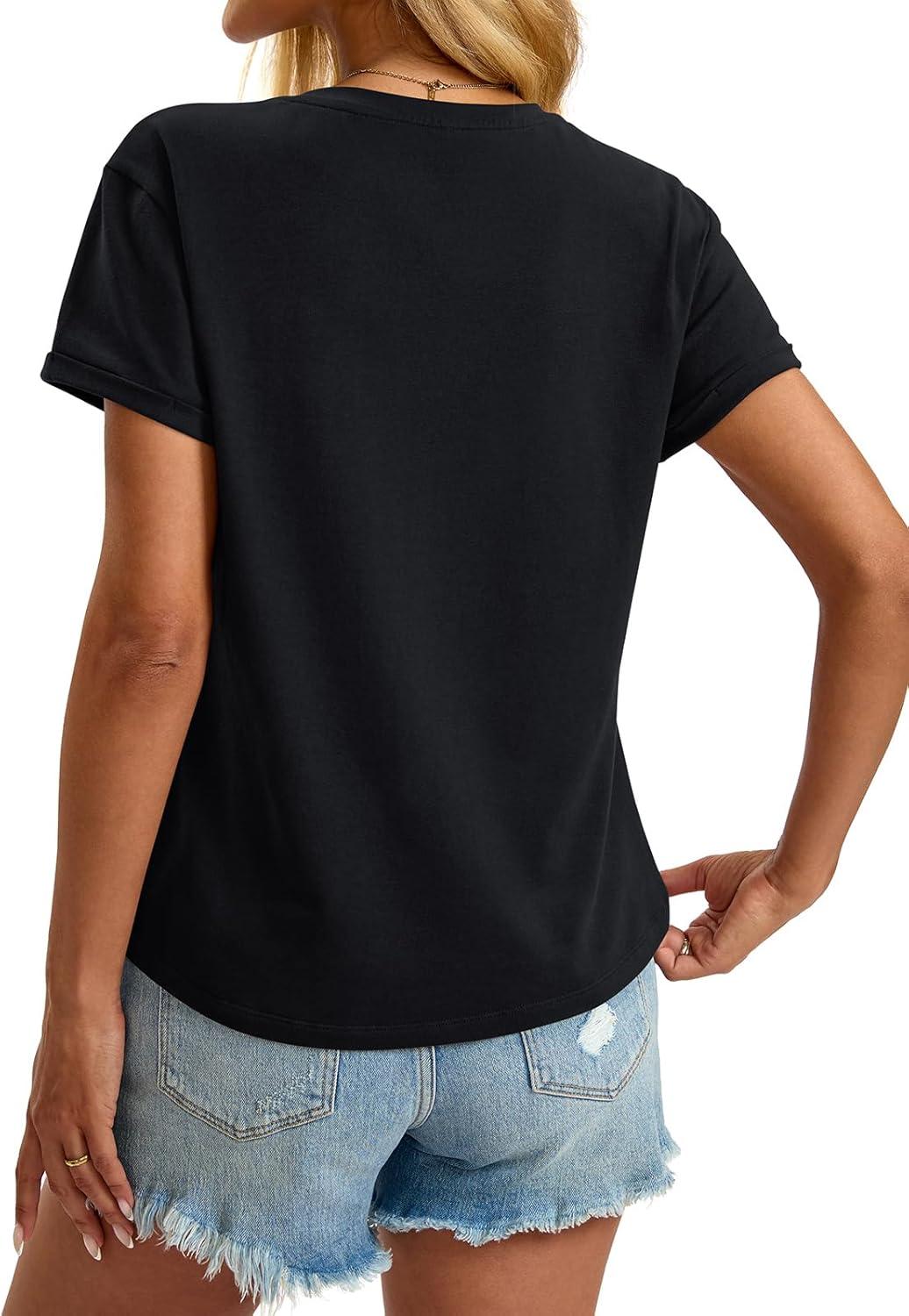 image:imageWomens Cotton Deep V Neck Tops Low Cut Short Sleeve Henley Shirts Sexy Fitted Tees Summer Fashion Clothes 2025Black