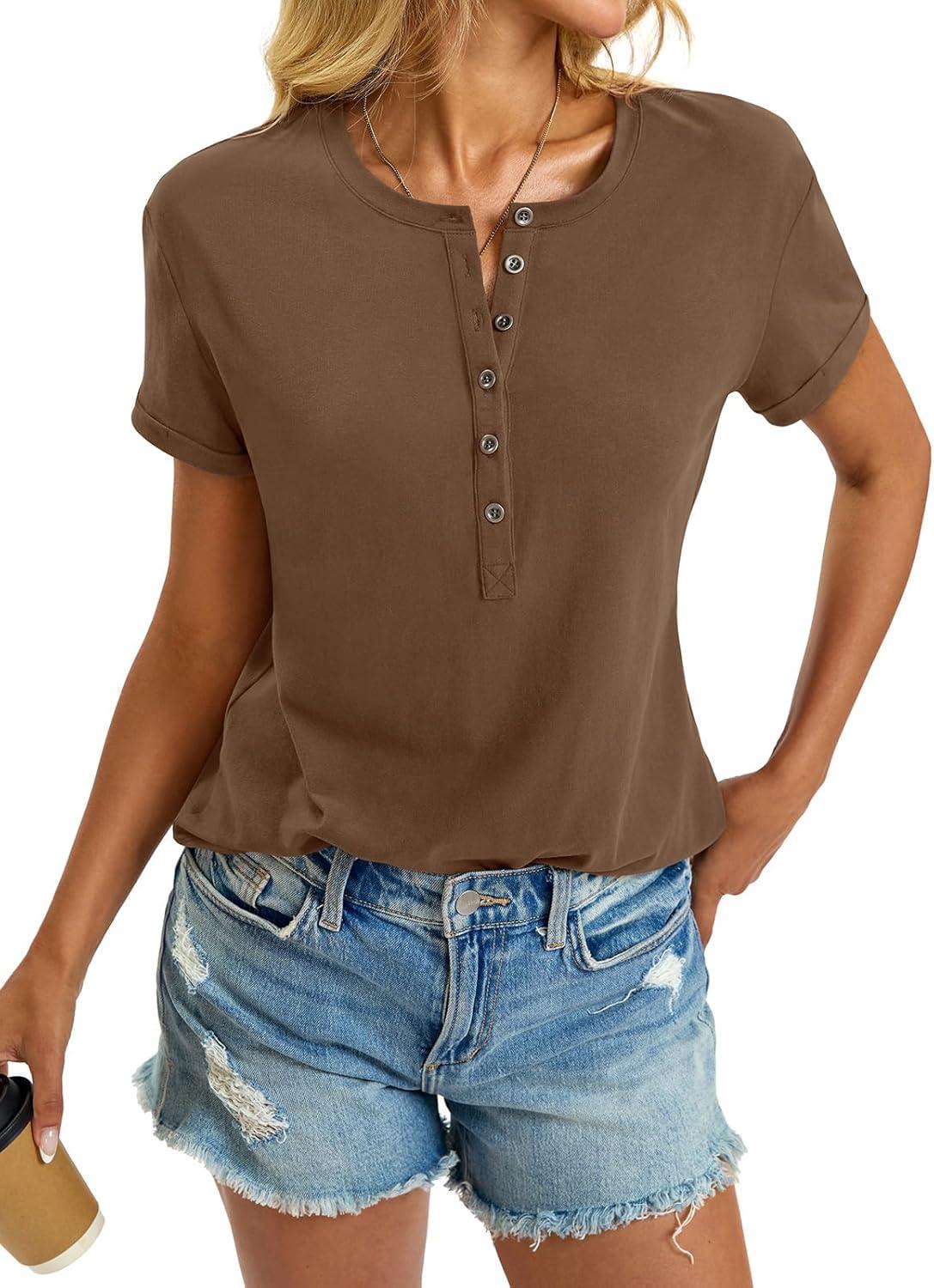 image:imageWomens Cotton Deep V Neck Tops Low Cut Short Sleeve Henley Shirts Sexy Fitted Tees Summer Fashion Clothes 2025Brown