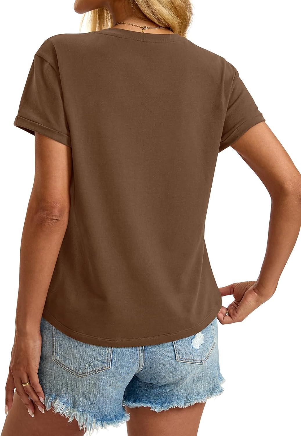 image:imageWomens Cotton Deep V Neck Tops Low Cut Short Sleeve Henley Shirts Sexy Fitted Tees Summer Fashion Clothes 2025Brown