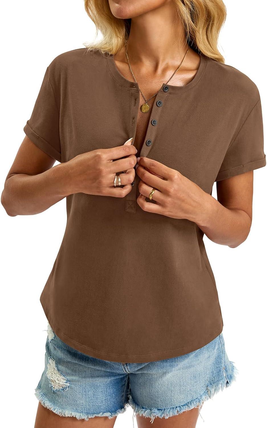 image:imageWomens Cotton Deep V Neck Tops Low Cut Short Sleeve Henley Shirts Sexy Fitted Tees Summer Fashion Clothes 2025Brown