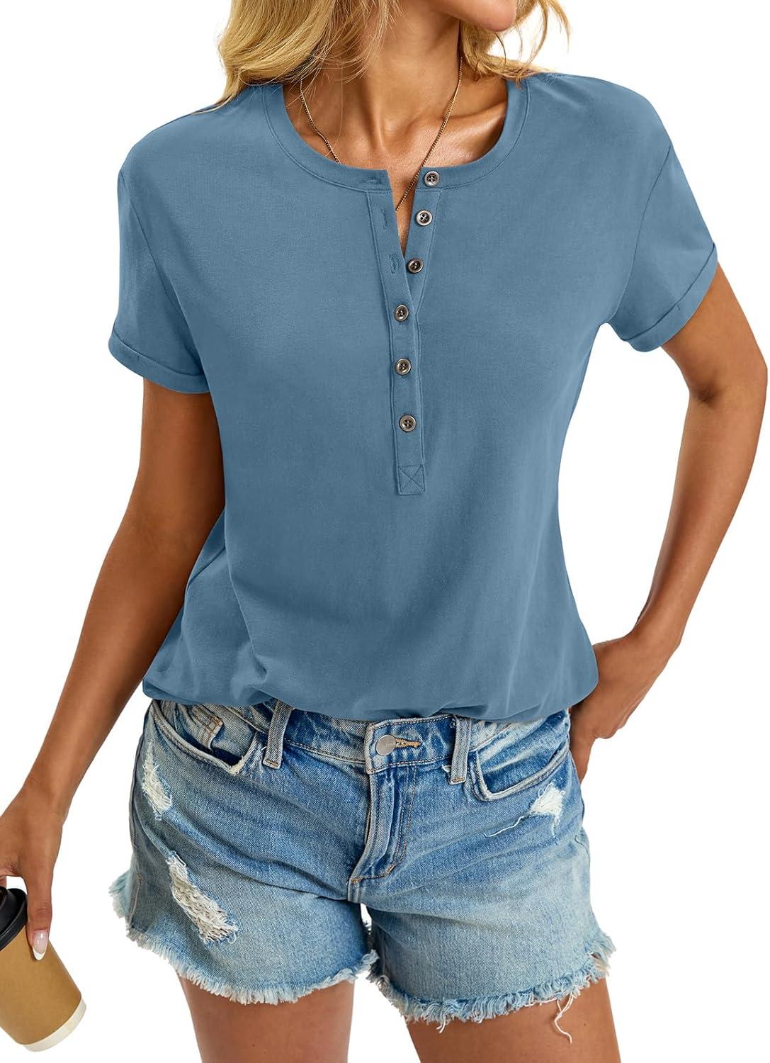 image:imageWomens Cotton Deep V Neck Tops Low Cut Short Sleeve Henley Shirts Sexy Fitted Tees Summer Fashion Clothes 2025Grey Blue