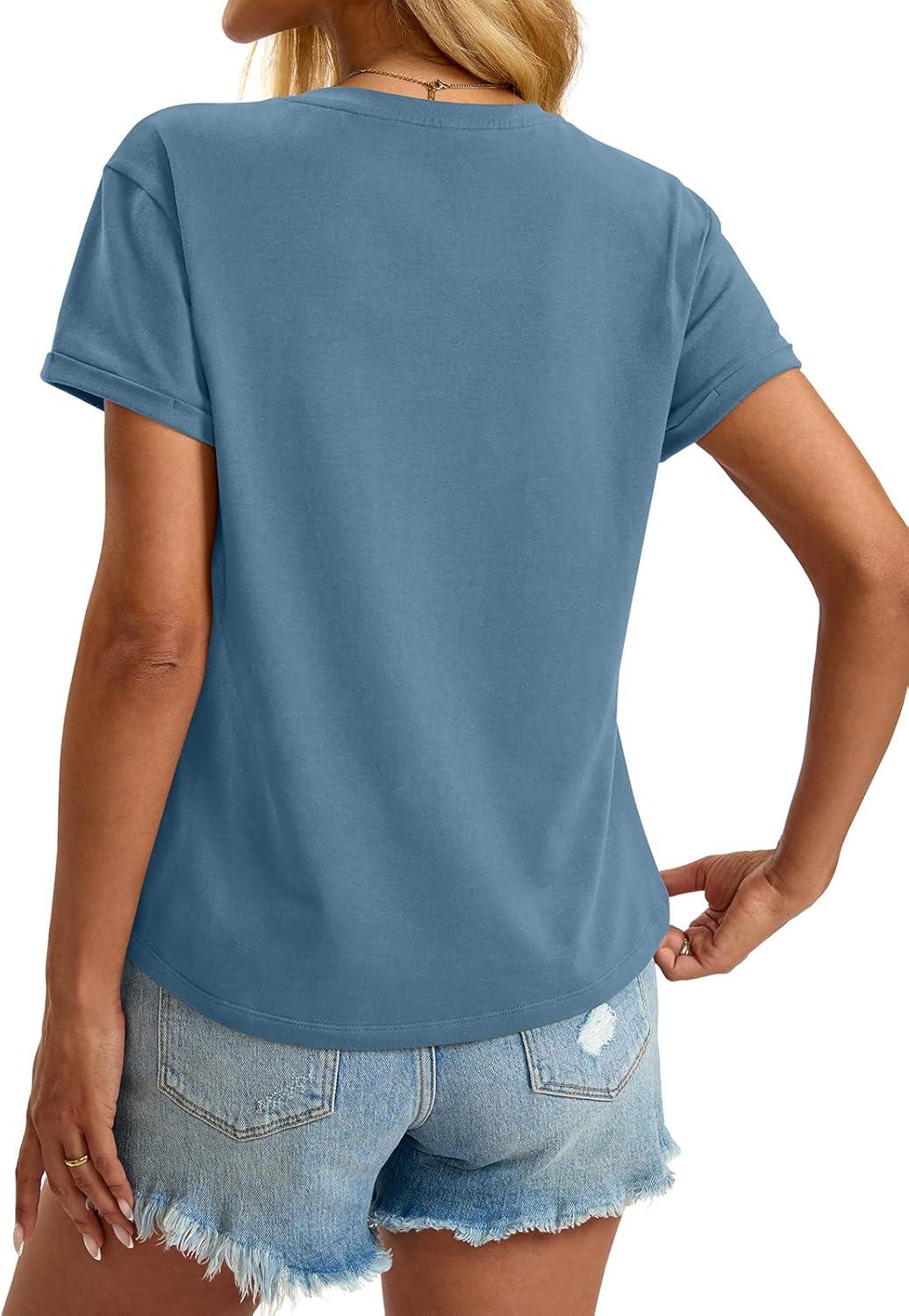 image:imageWomens Cotton Deep V Neck Tops Low Cut Short Sleeve Henley Shirts Sexy Fitted Tees Summer Fashion Clothes 2025Grey Blue