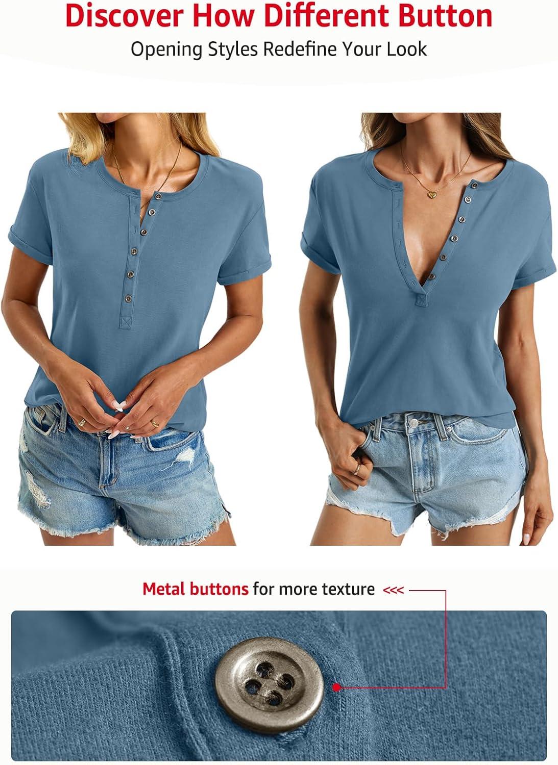 image:imageWomens Cotton Deep V Neck Tops Low Cut Short Sleeve Henley Shirts Sexy Fitted Tees Summer Fashion Clothes 2025Grey Blue