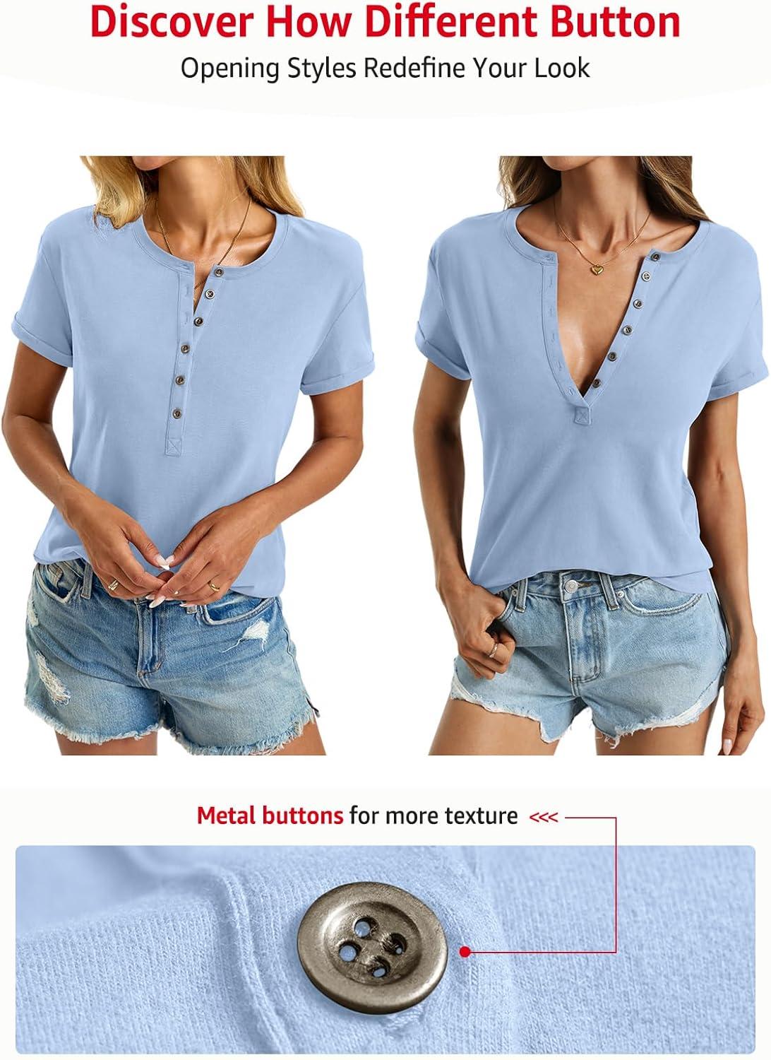 image:imageWomens Cotton Deep V Neck Tops Low Cut Short Sleeve Henley Shirts Sexy Fitted Tees Summer Fashion Clothes 2025Light Blue