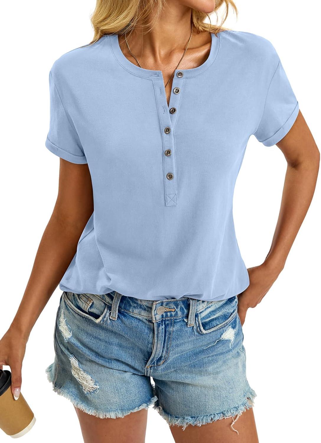 image:imageWomens Cotton Deep V Neck Tops Low Cut Short Sleeve Henley Shirts Sexy Fitted Tees Summer Fashion Clothes 2025Light Blue