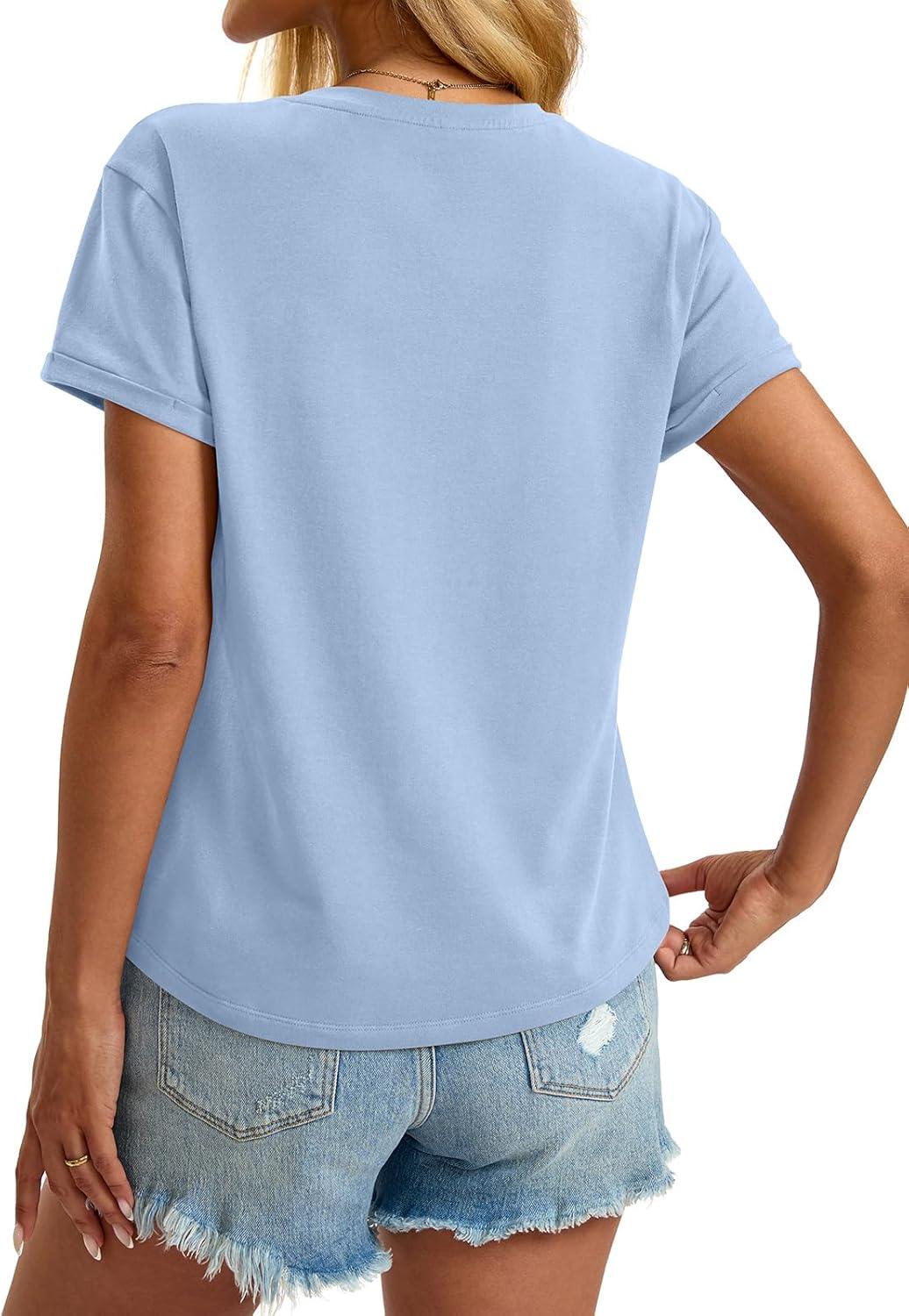 image:imageWomens Cotton Deep V Neck Tops Low Cut Short Sleeve Henley Shirts Sexy Fitted Tees Summer Fashion Clothes 2025Light Blue