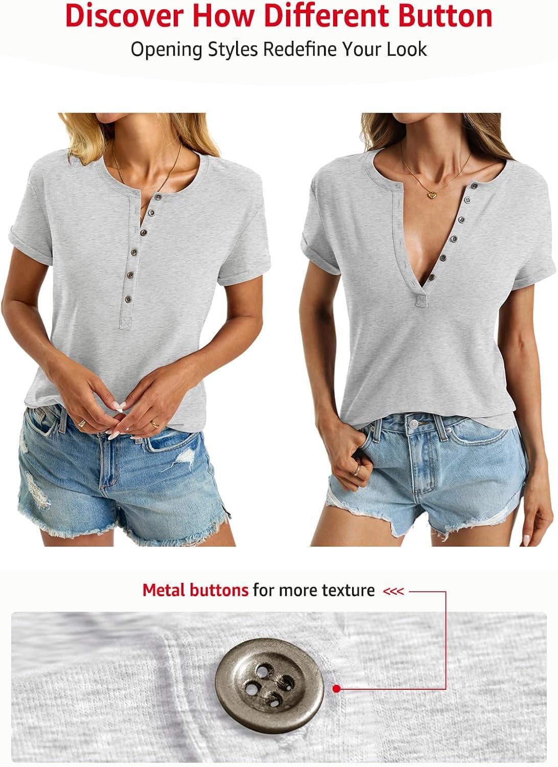 image:imageWomens Cotton Deep V Neck Tops Low Cut Short Sleeve Henley Shirts Sexy Fitted Tees Summer Fashion Clothes 2025Light Grey