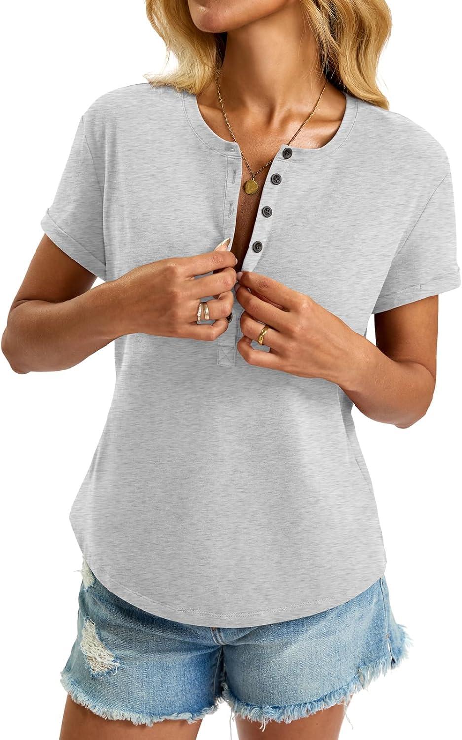 image:imageWomens Cotton Deep V Neck Tops Low Cut Short Sleeve Henley Shirts Sexy Fitted Tees Summer Fashion Clothes 2025Light Grey