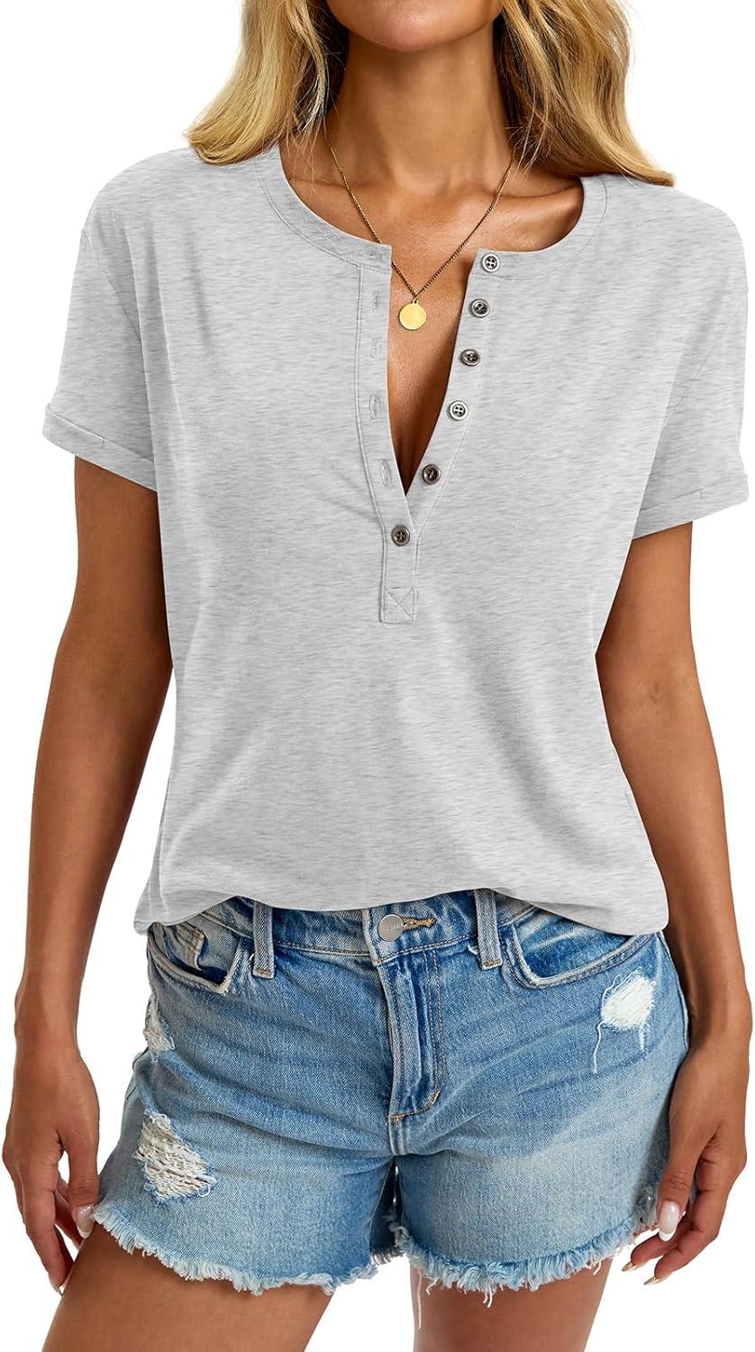 image:imageWomens Cotton Deep V Neck Tops Low Cut Short Sleeve Henley Shirts Sexy Fitted Tees Summer Fashion Clothes 2025Light Grey