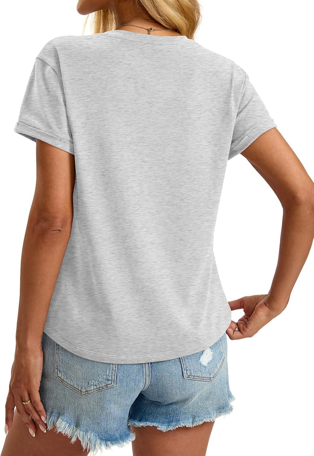image:imageWomens Cotton Deep V Neck Tops Low Cut Short Sleeve Henley Shirts Sexy Fitted Tees Summer Fashion Clothes 2025Light Grey