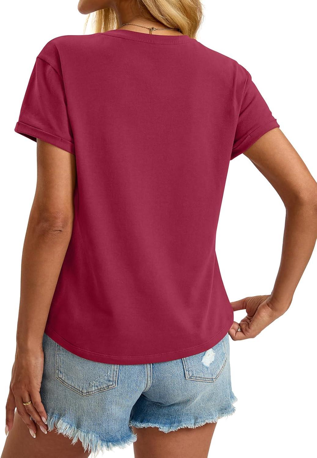 image:imageWomens Cotton Deep V Neck Tops Low Cut Short Sleeve Henley Shirts Sexy Fitted Tees Summer Fashion Clothes 2025Magenta