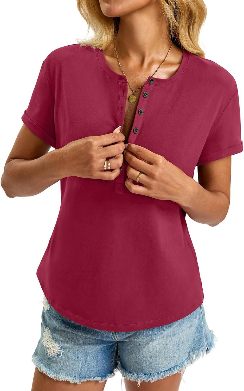 image:imageWomens Cotton Deep V Neck Tops Low Cut Short Sleeve Henley Shirts Sexy Fitted Tees Summer Fashion Clothes 2025Magenta