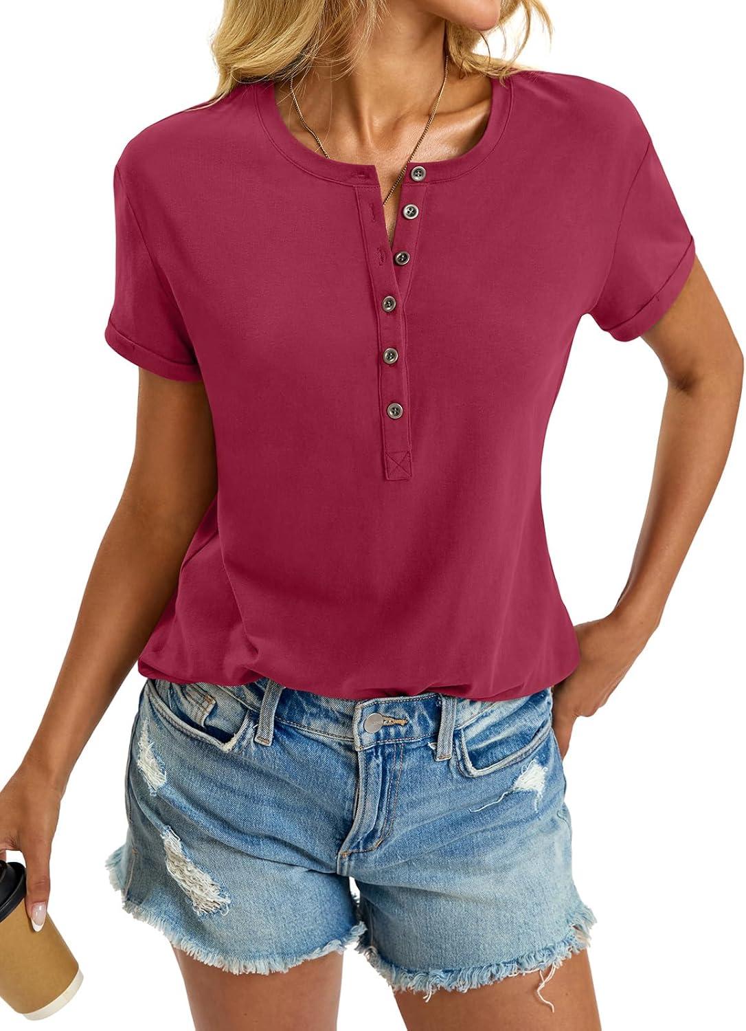 image:imageWomens Cotton Deep V Neck Tops Low Cut Short Sleeve Henley Shirts Sexy Fitted Tees Summer Fashion Clothes 2025Magenta