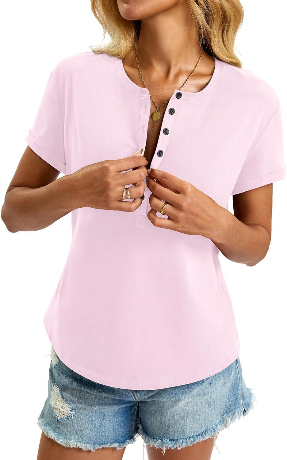 image:imageWomens Cotton Deep V Neck Tops Low Cut Short Sleeve Henley Shirts Sexy Fitted Tees Summer Fashion Clothes 2025Pink