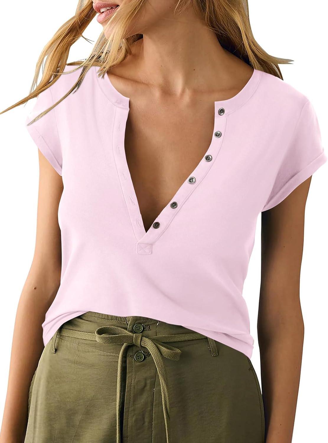 image:imageWomens Cotton Deep V Neck Tops Low Cut Short Sleeve Henley Shirts Sexy Fitted Tees Summer Fashion Clothes 2025Pink