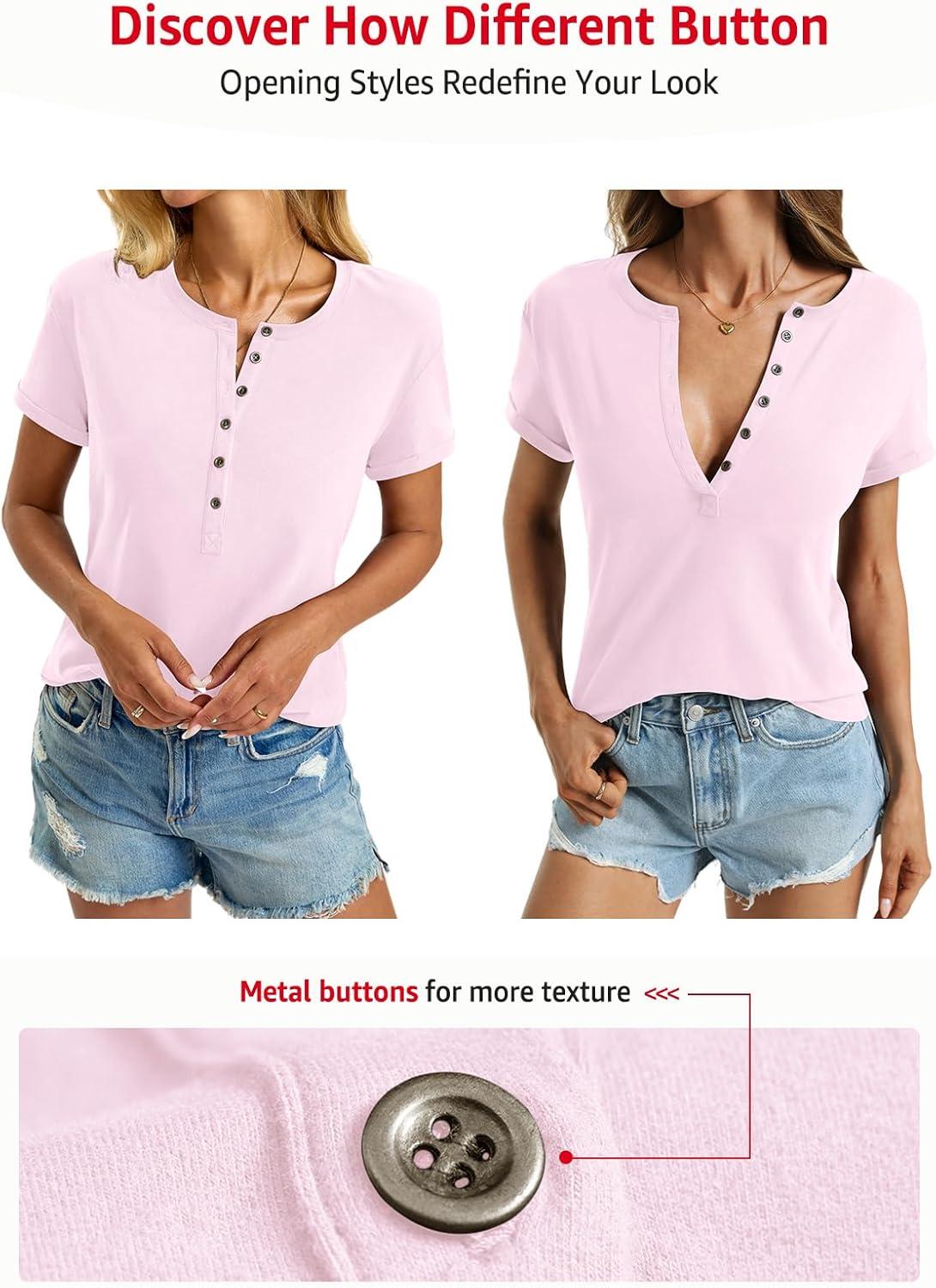 image:imageWomens Cotton Deep V Neck Tops Low Cut Short Sleeve Henley Shirts Sexy Fitted Tees Summer Fashion Clothes 2025Pink