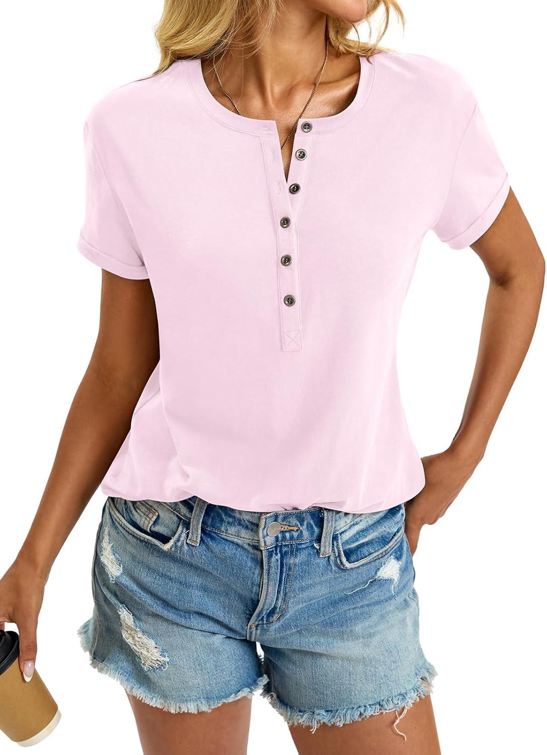 image:imageWomens Cotton Deep V Neck Tops Low Cut Short Sleeve Henley Shirts Sexy Fitted Tees Summer Fashion Clothes 2025Pink
