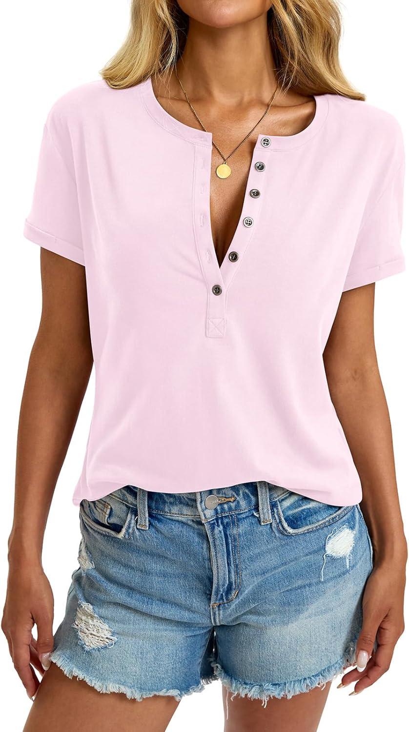 image:imageWomens Cotton Deep V Neck Tops Low Cut Short Sleeve Henley Shirts Sexy Fitted Tees Summer Fashion Clothes 2025Pink