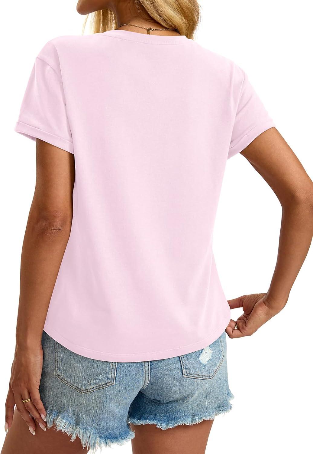 image:imageWomens Cotton Deep V Neck Tops Low Cut Short Sleeve Henley Shirts Sexy Fitted Tees Summer Fashion Clothes 2025Pink