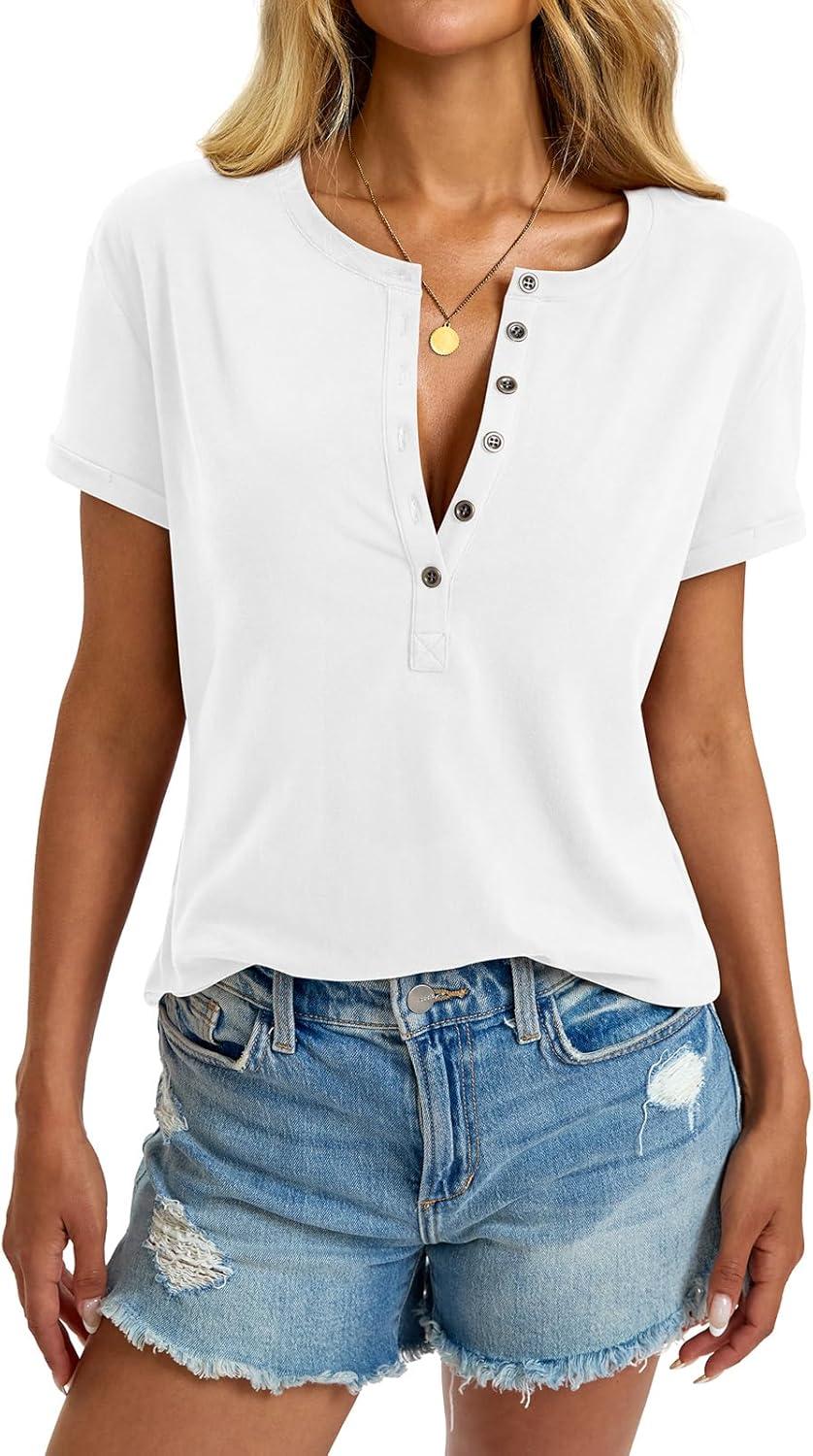 image:imageWomens Cotton Deep V Neck Tops Low Cut Short Sleeve Henley Shirts Sexy Fitted Tees Summer Fashion Clothes 2025White
