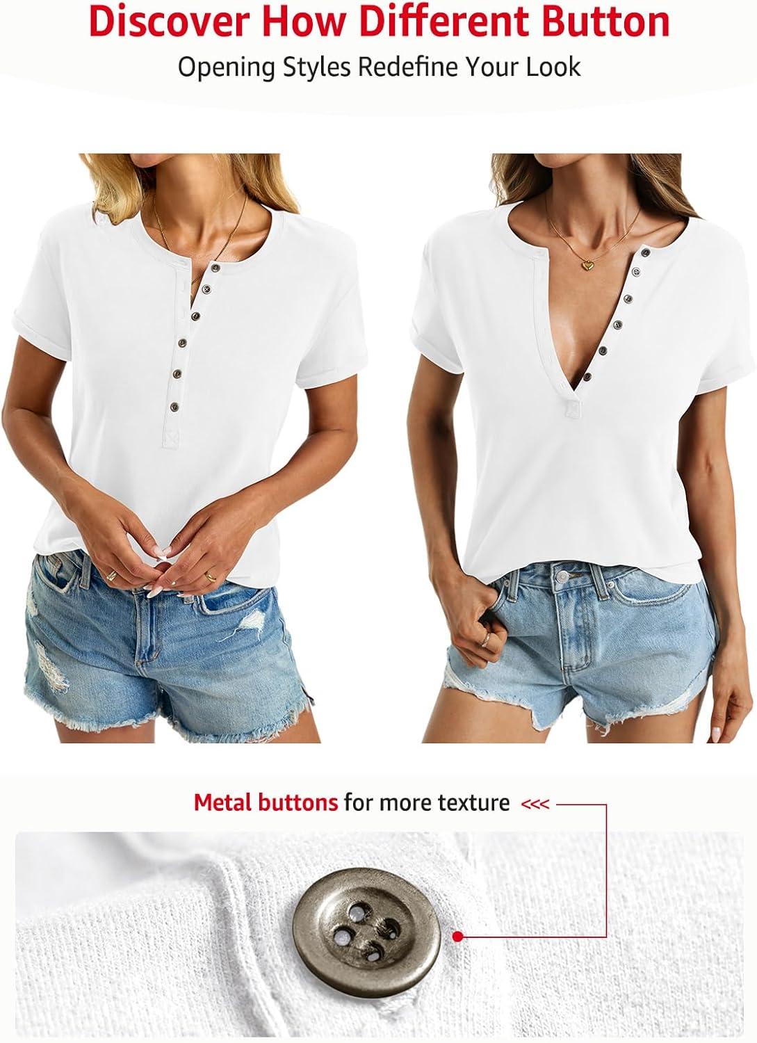 image:imageWomens Cotton Deep V Neck Tops Low Cut Short Sleeve Henley Shirts Sexy Fitted Tees Summer Fashion Clothes 2025White