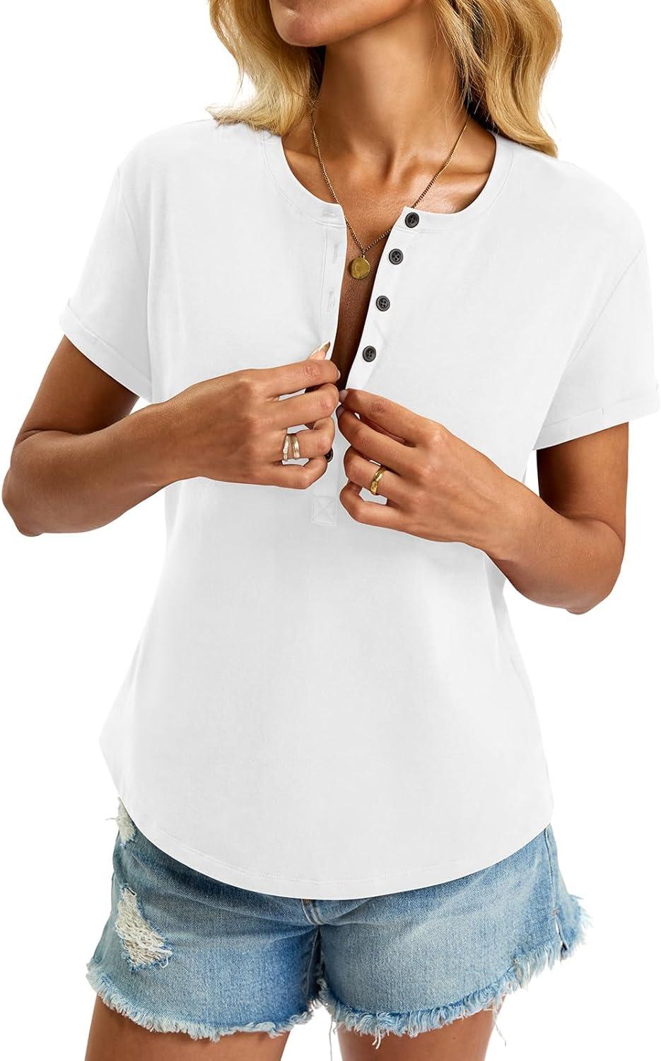 image:imageWomens Cotton Deep V Neck Tops Low Cut Short Sleeve Henley Shirts Sexy Fitted Tees Summer Fashion Clothes 2025White