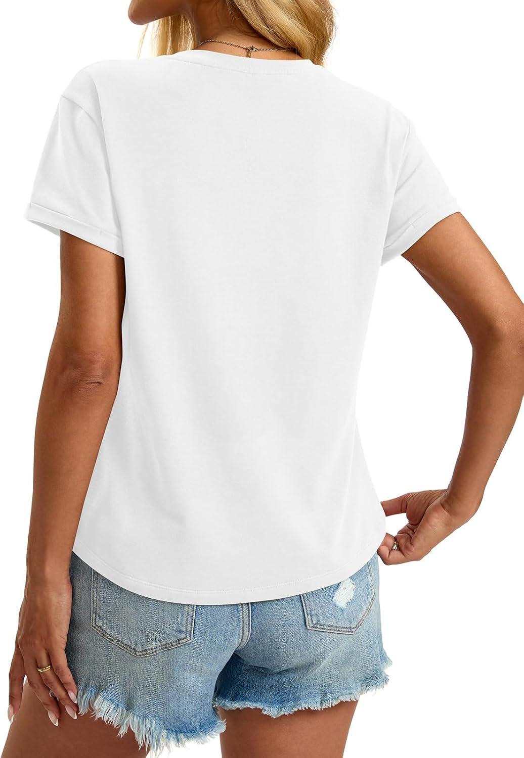 image:imageWomens Cotton Deep V Neck Tops Low Cut Short Sleeve Henley Shirts Sexy Fitted Tees Summer Fashion Clothes 2025White