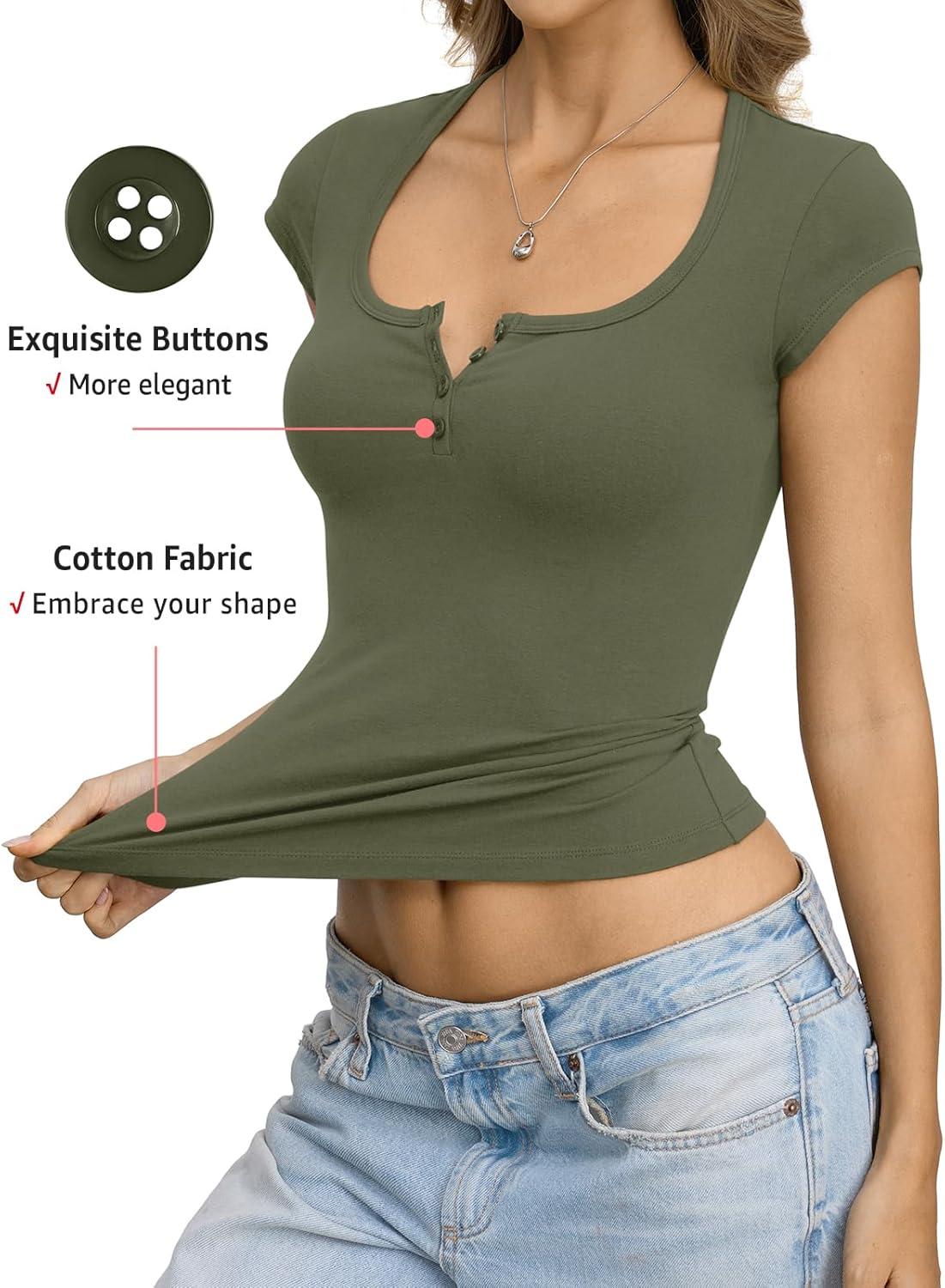 image:imageWomens Cotton Henley Shirts Square Neck Short Sleeve Tops Slim Fit Summer TShirt Trendy Outfits Clothes 2026Army Green