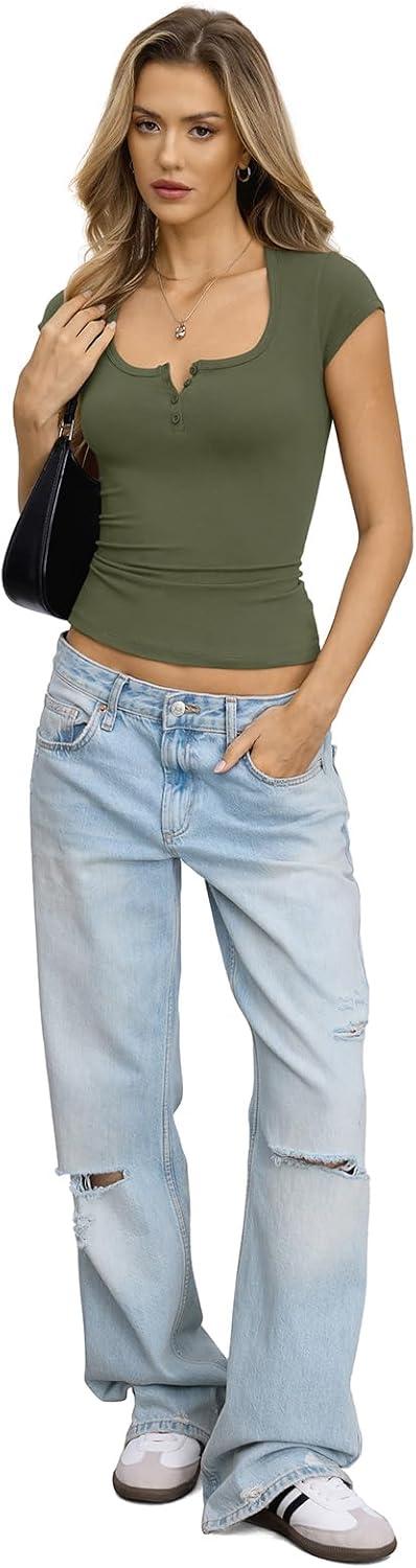 image:imageWomens Cotton Henley Shirts Square Neck Short Sleeve Tops Slim Fit Summer TShirt Trendy Outfits Clothes 2026Army Green