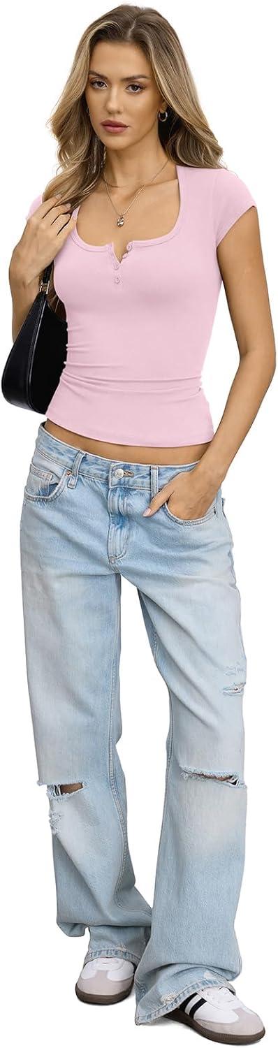 image:imageWomens Cotton Henley Shirts Square Neck Short Sleeve Tops Slim Fit Summer TShirt Trendy Outfits Clothes 2026Baby Pink
