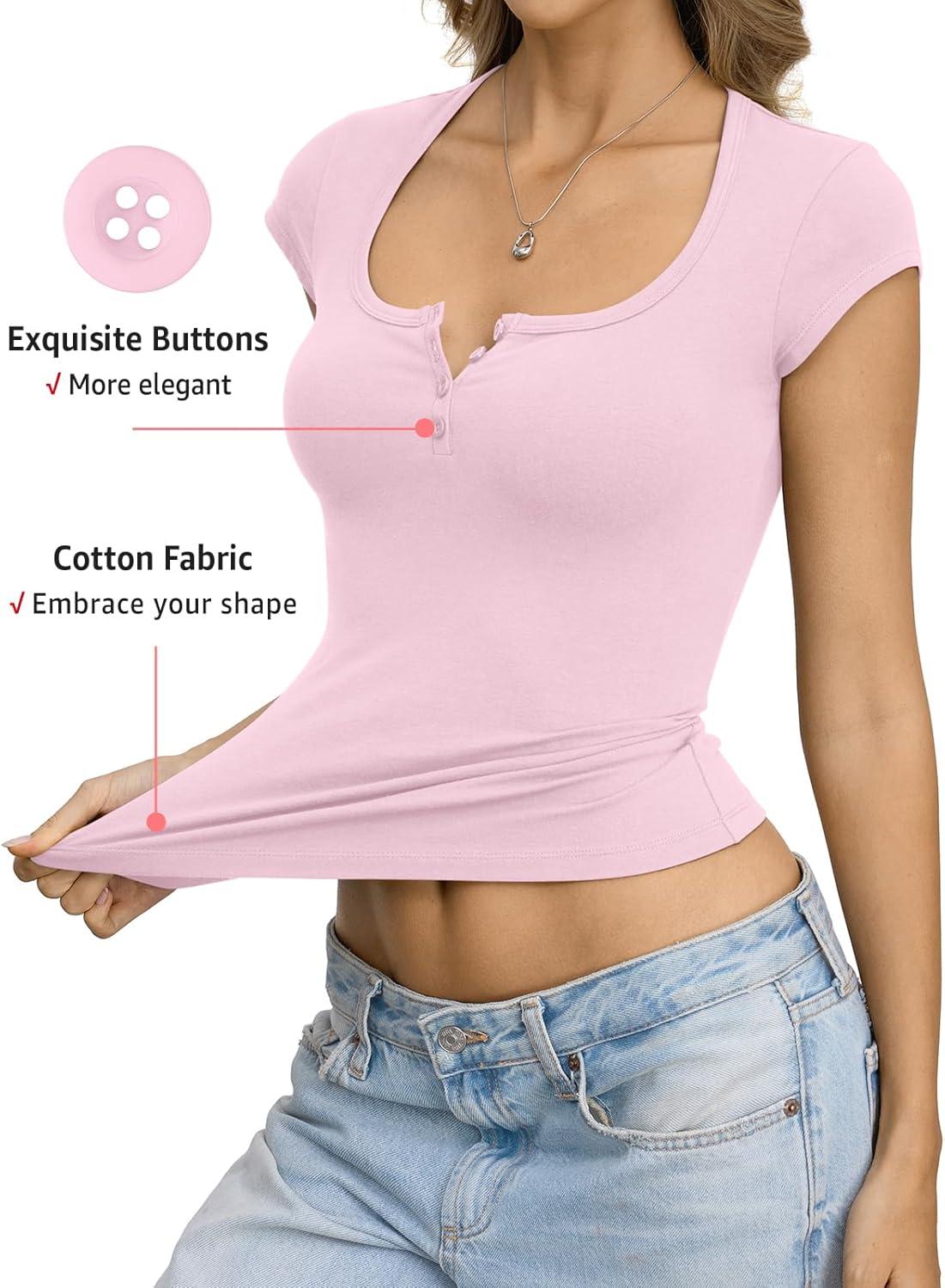 image:imageWomens Cotton Henley Shirts Square Neck Short Sleeve Tops Slim Fit Summer TShirt Trendy Outfits Clothes 2026Baby Pink