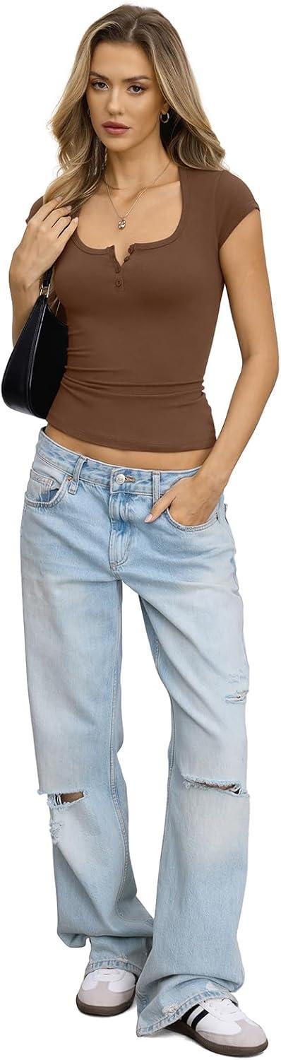 image:imageWomens Cotton Henley Shirts Square Neck Short Sleeve Tops Slim Fit Summer TShirt Trendy Outfits Clothes 2026Brown