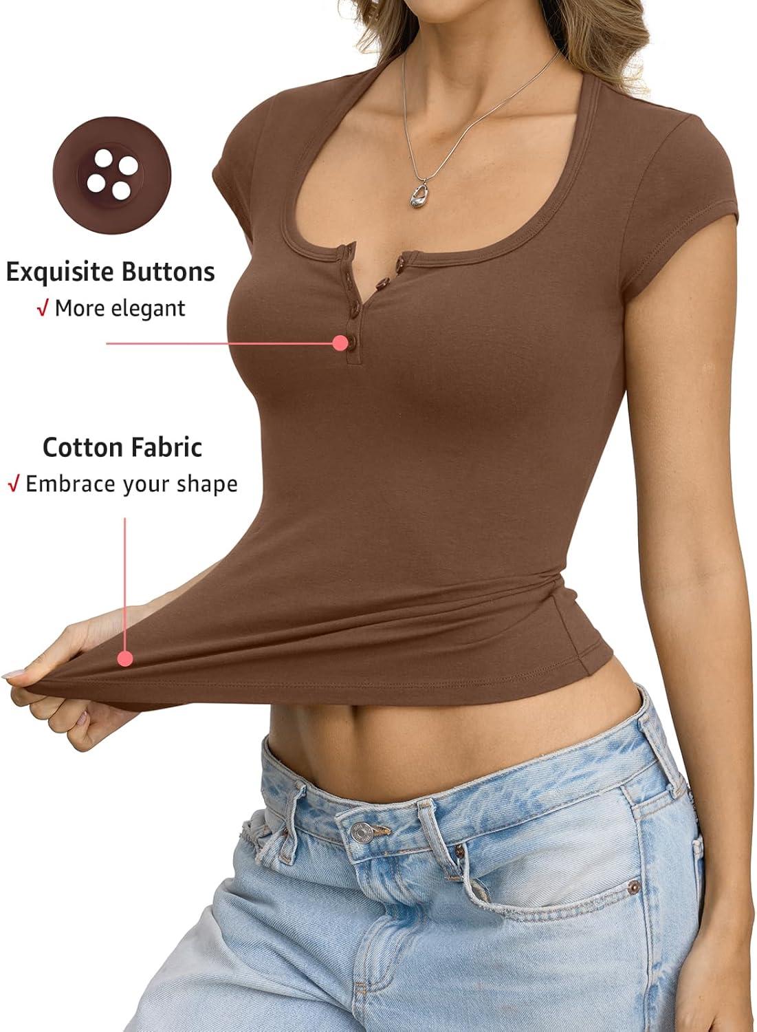 image:imageWomens Cotton Henley Shirts Square Neck Short Sleeve Tops Slim Fit Summer TShirt Trendy Outfits Clothes 2026Brown