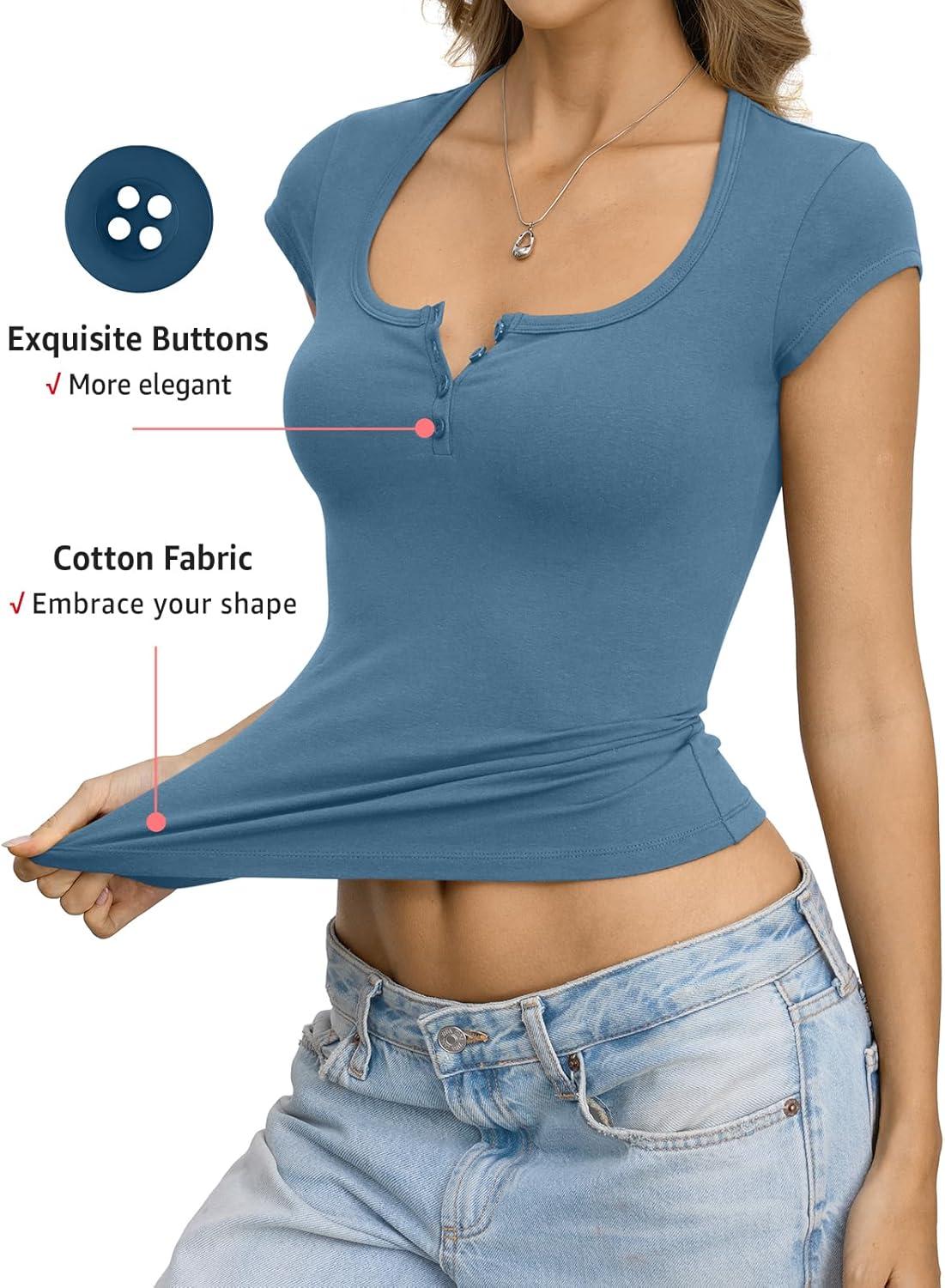 image:imageWomens Cotton Henley Shirts Square Neck Short Sleeve Tops Slim Fit Summer TShirt Trendy Outfits Clothes 2026Kyanite