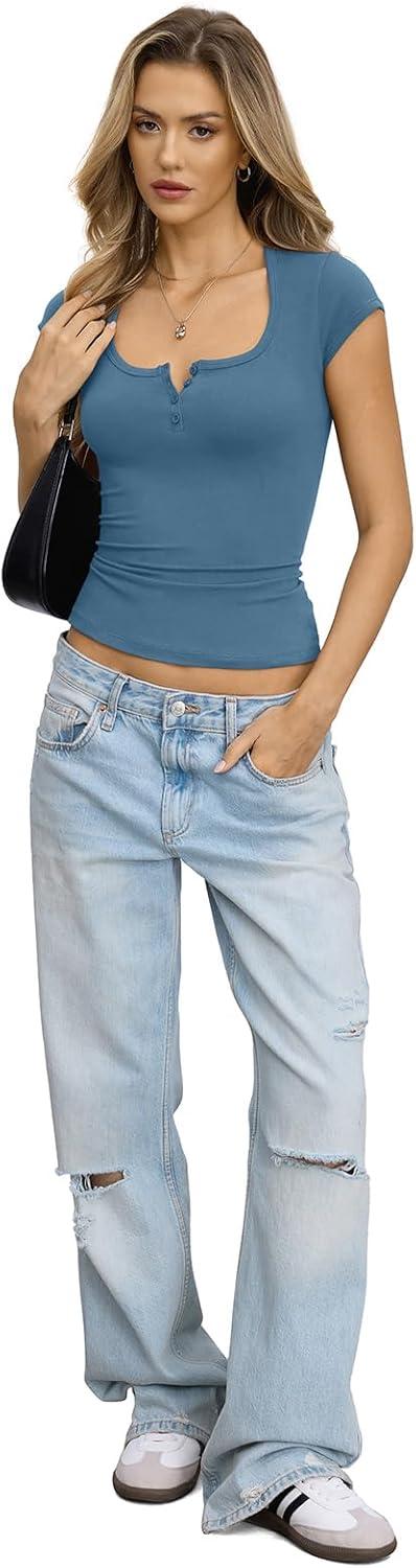 image:imageWomens Cotton Henley Shirts Square Neck Short Sleeve Tops Slim Fit Summer TShirt Trendy Outfits Clothes 2026Kyanite