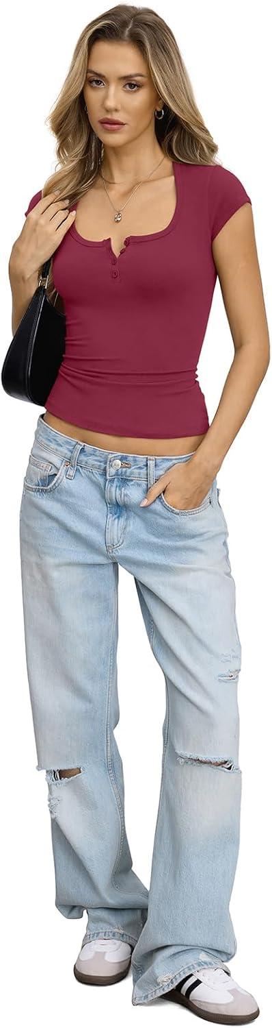 image:imageWomens Cotton Henley Shirts Square Neck Short Sleeve Tops Slim Fit Summer TShirt Trendy Outfits Clothes 2026Magenta