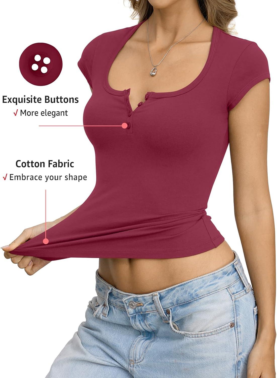 image:imageWomens Cotton Henley Shirts Square Neck Short Sleeve Tops Slim Fit Summer TShirt Trendy Outfits Clothes 2026Magenta