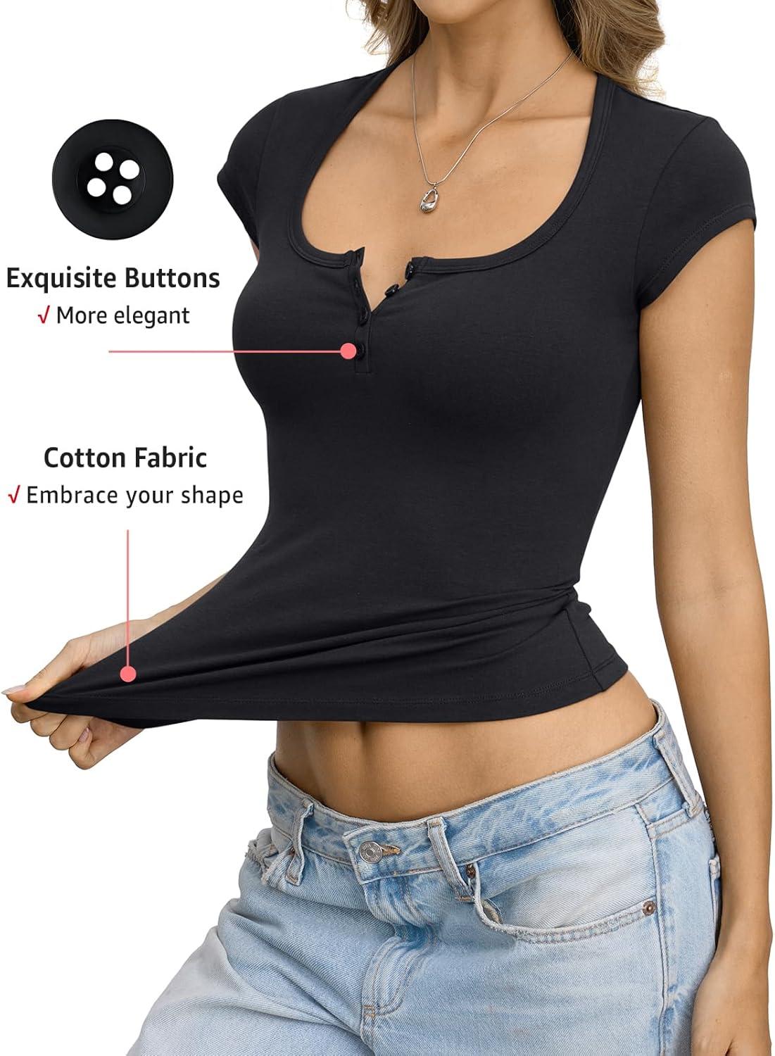 image:imageWomens Cotton Henley Shirts Square Neck Short Sleeve Tops Slim Fit Summer TShirt Trendy Outfits Clothes 2026True Black