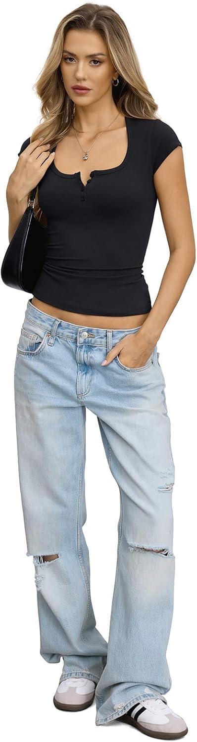 image:imageWomens Cotton Henley Shirts Square Neck Short Sleeve Tops Slim Fit Summer TShirt Trendy Outfits Clothes 2026True Black