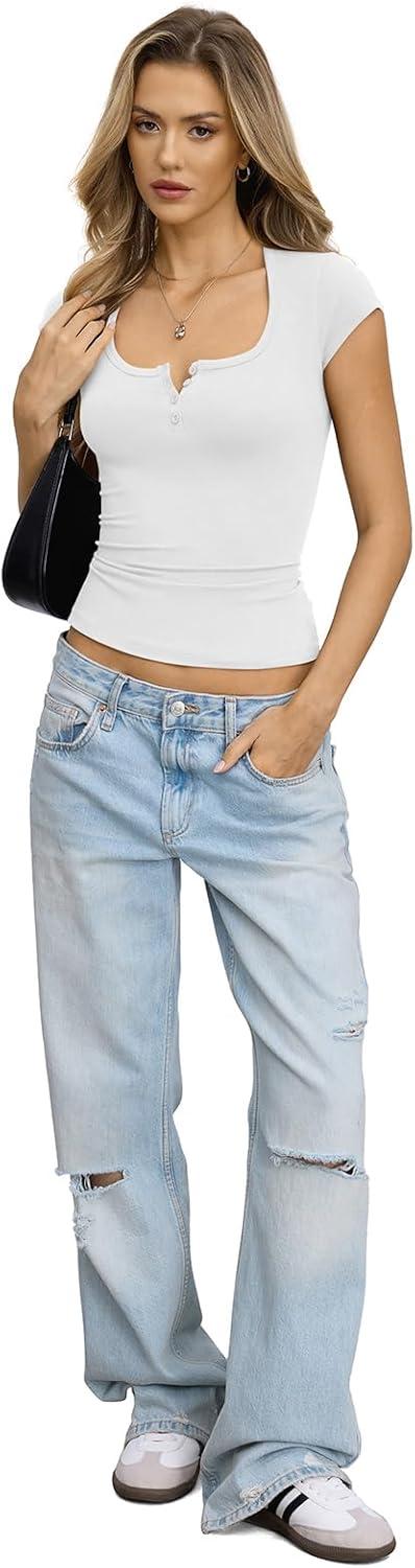 image:imageWomens Cotton Henley Shirts Square Neck Short Sleeve Tops Slim Fit Summer TShirt Trendy Outfits Clothes 2026Ture White