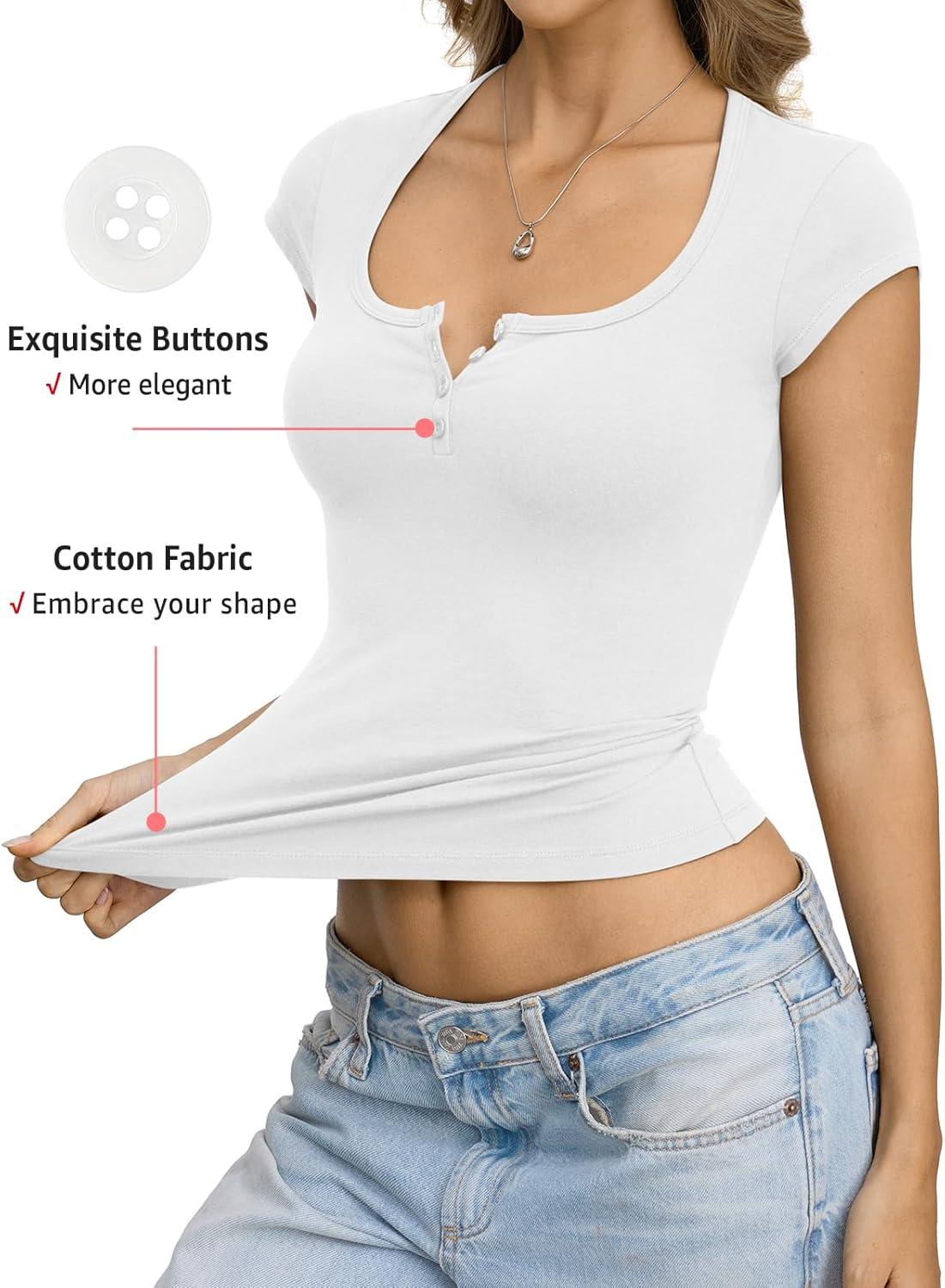 image:imageWomens Cotton Henley Shirts Square Neck Short Sleeve Tops Slim Fit Summer TShirt Trendy Outfits Clothes 2026Ture White