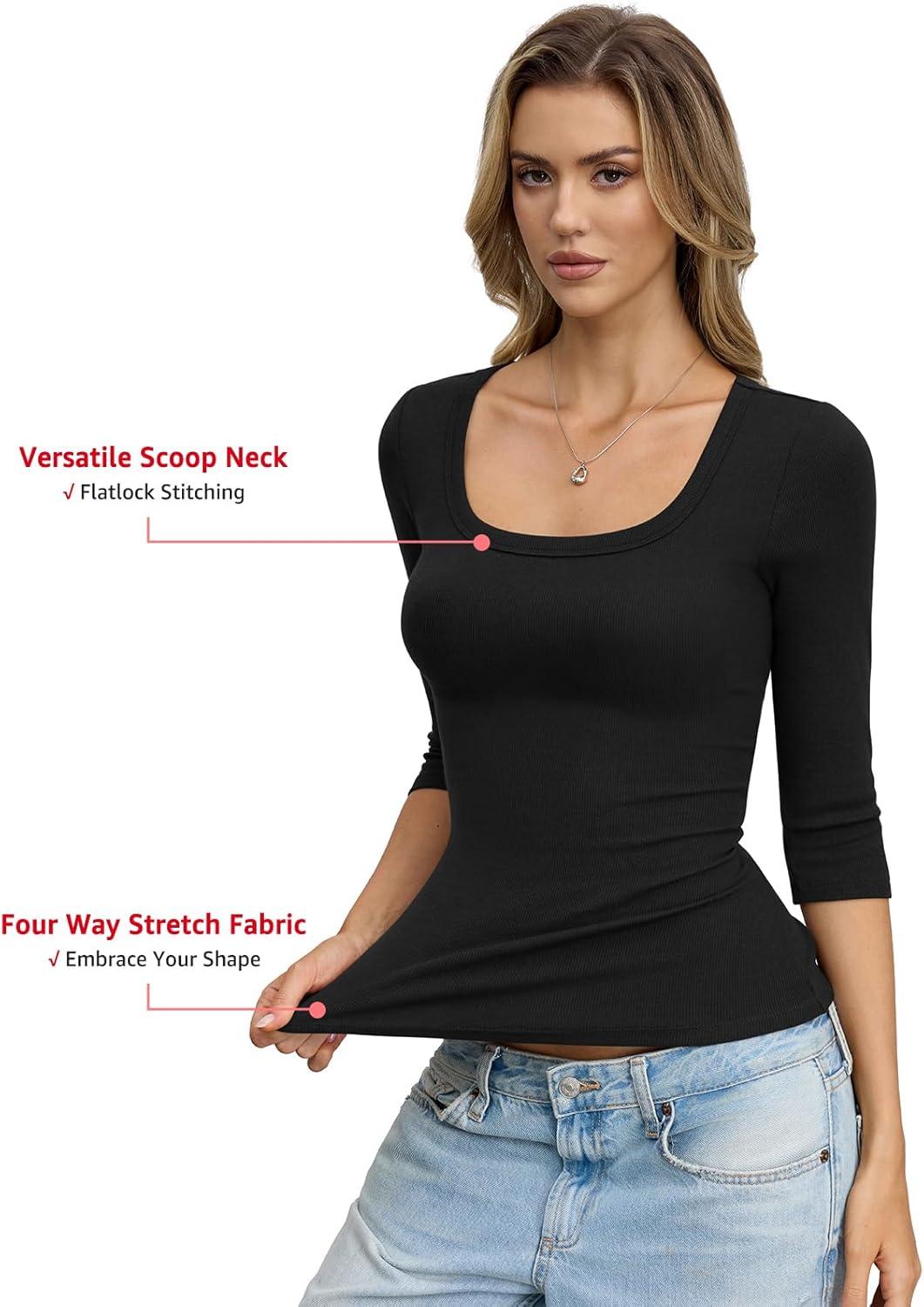 image:imageWomens Cotton Ribbed 34 Length Sleeve Shirts Y2K Scoop Neck T Shirts Slim Fit Going Out Spring Trendy ClothesBlack