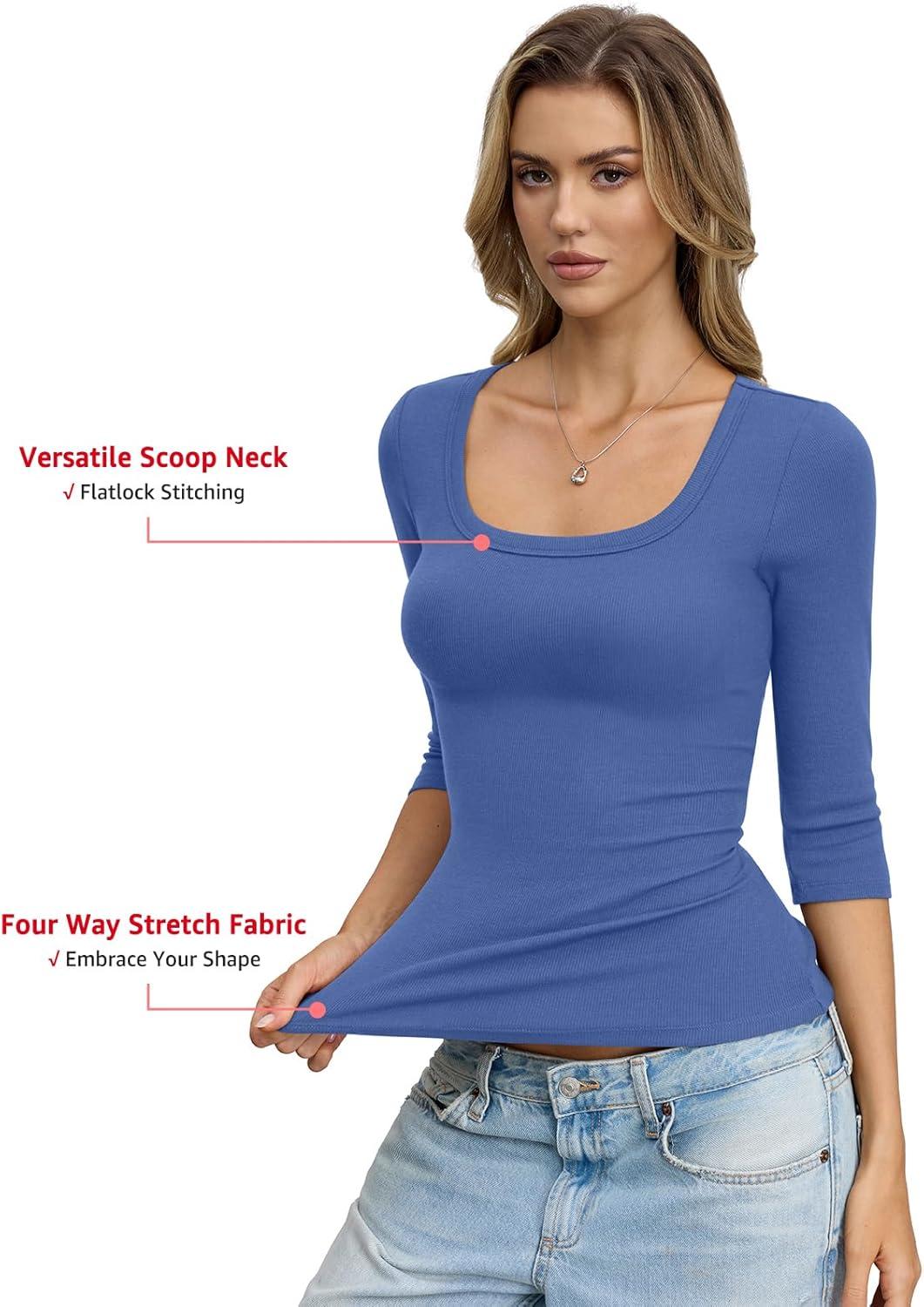 image:imageWomens Cotton Ribbed 34 Length Sleeve Shirts Y2K Scoop Neck T Shirts Slim Fit Going Out Spring Trendy ClothesBlue