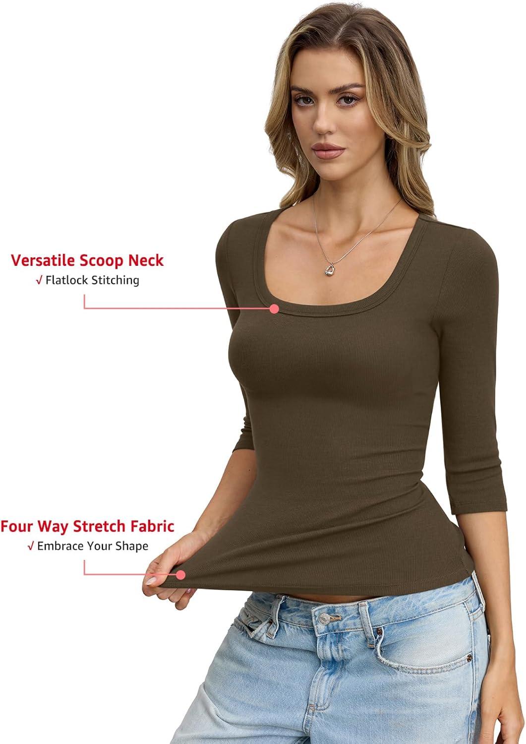 image:imageWomens Cotton Ribbed 34 Length Sleeve Shirts Y2K Scoop Neck T Shirts Slim Fit Going Out Spring Trendy ClothesBrown